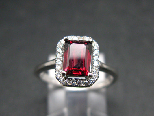 Natural Rectangular Faceted Red Garnet Rhodium Plated Sterling Silver Ring with CZ - Size 6.75