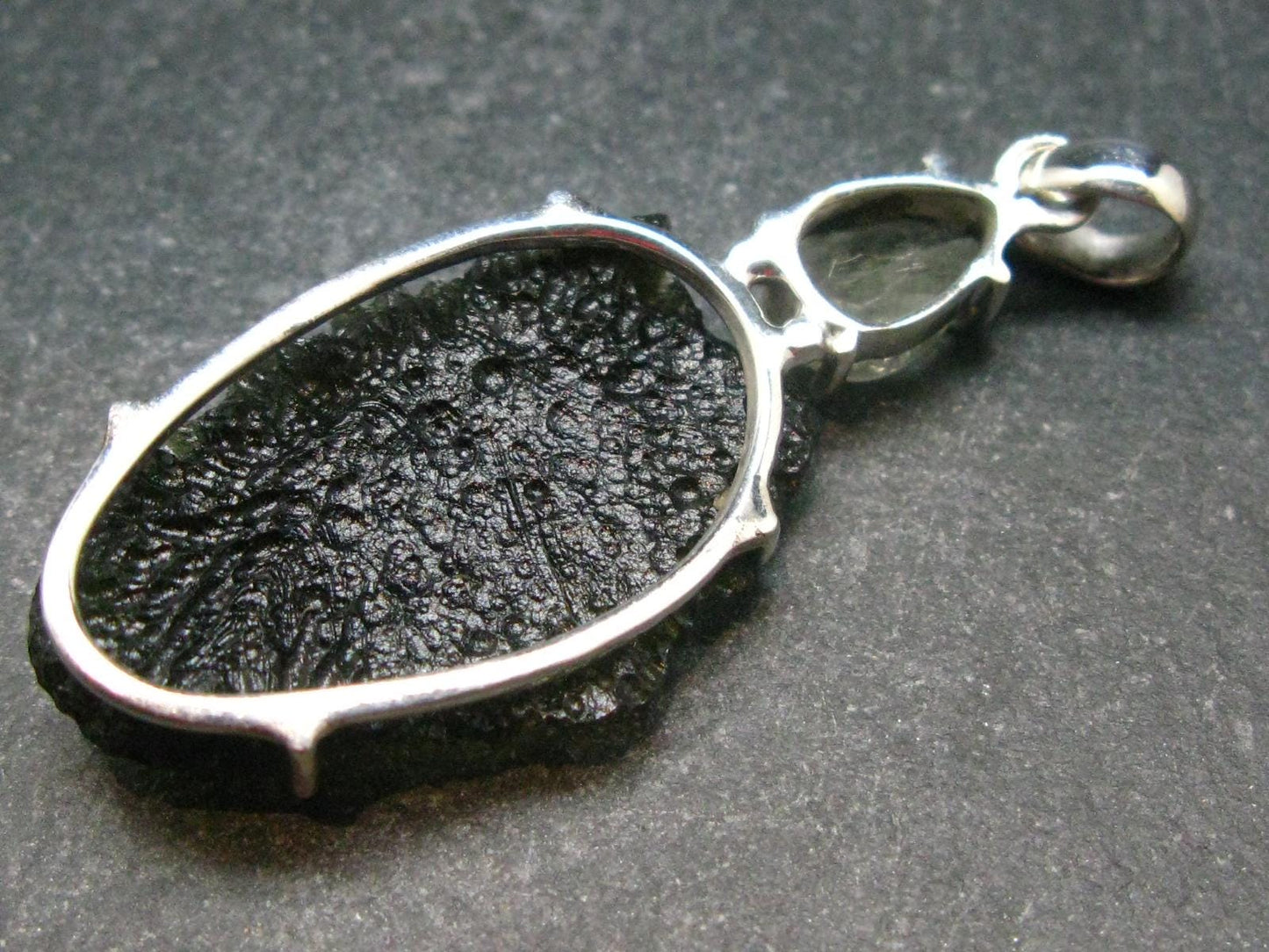 Raw Moldavite Tektite And Polished Libyan Tektite Silver Pendant - 2.2" - 9.10 Grams