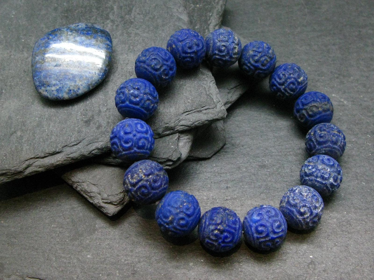 Lapis Lazuli Lazurite Genuine Bracelet ~ 7.5 Inches ~ 15mm Carved Beads