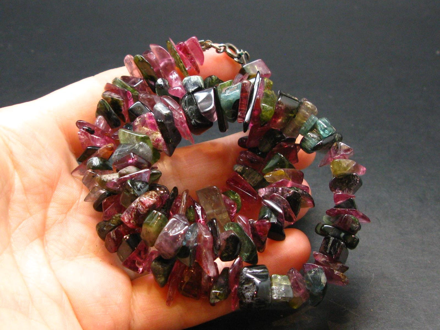 Watermelon Tourmaline Crystal Silver Necklace from Brazil - 18" - 63.81 Grams
