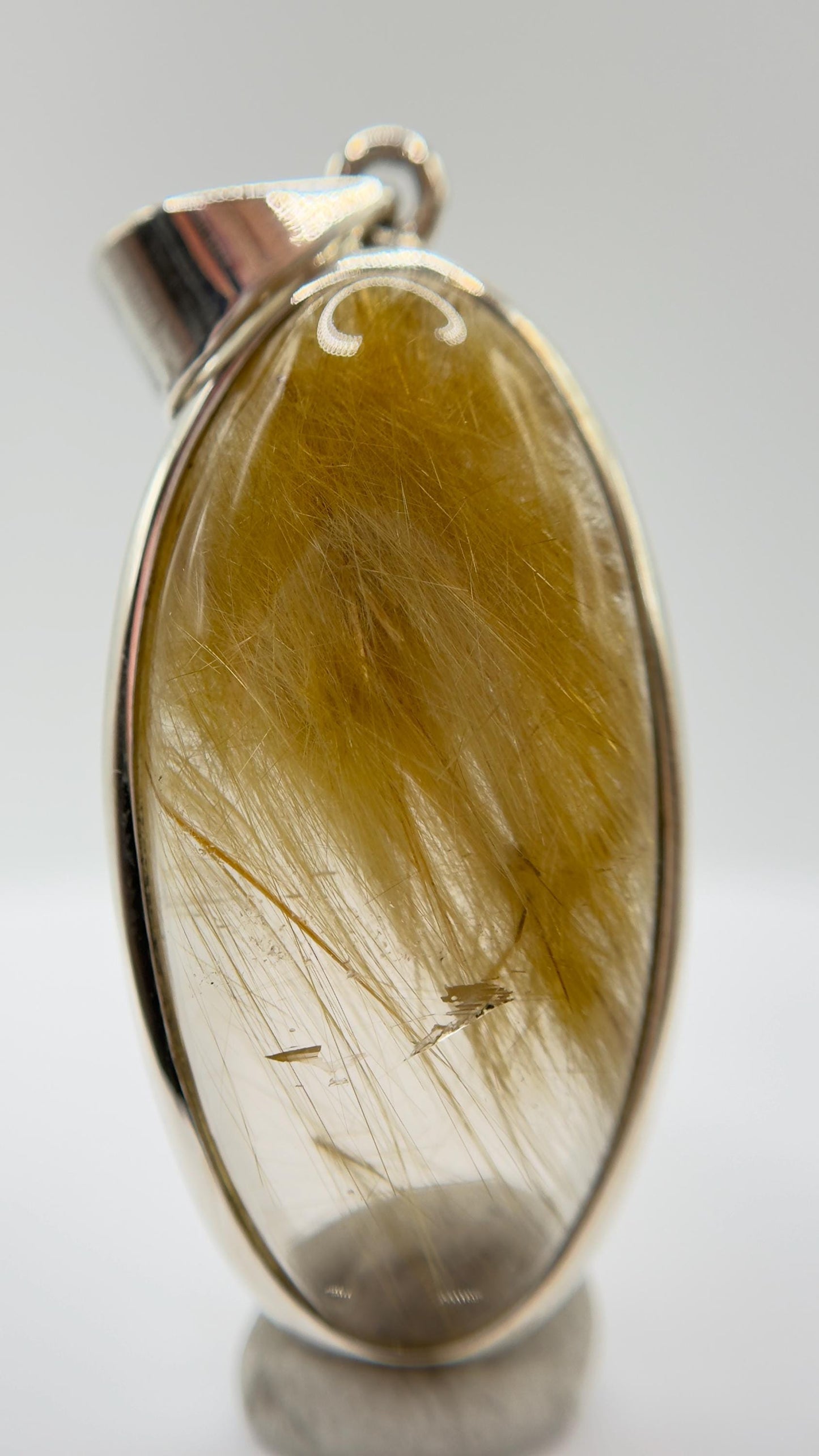 Golden Needle Inclusion Quartz Pendant – Natural Crystal Cabochon in Sterling Silver