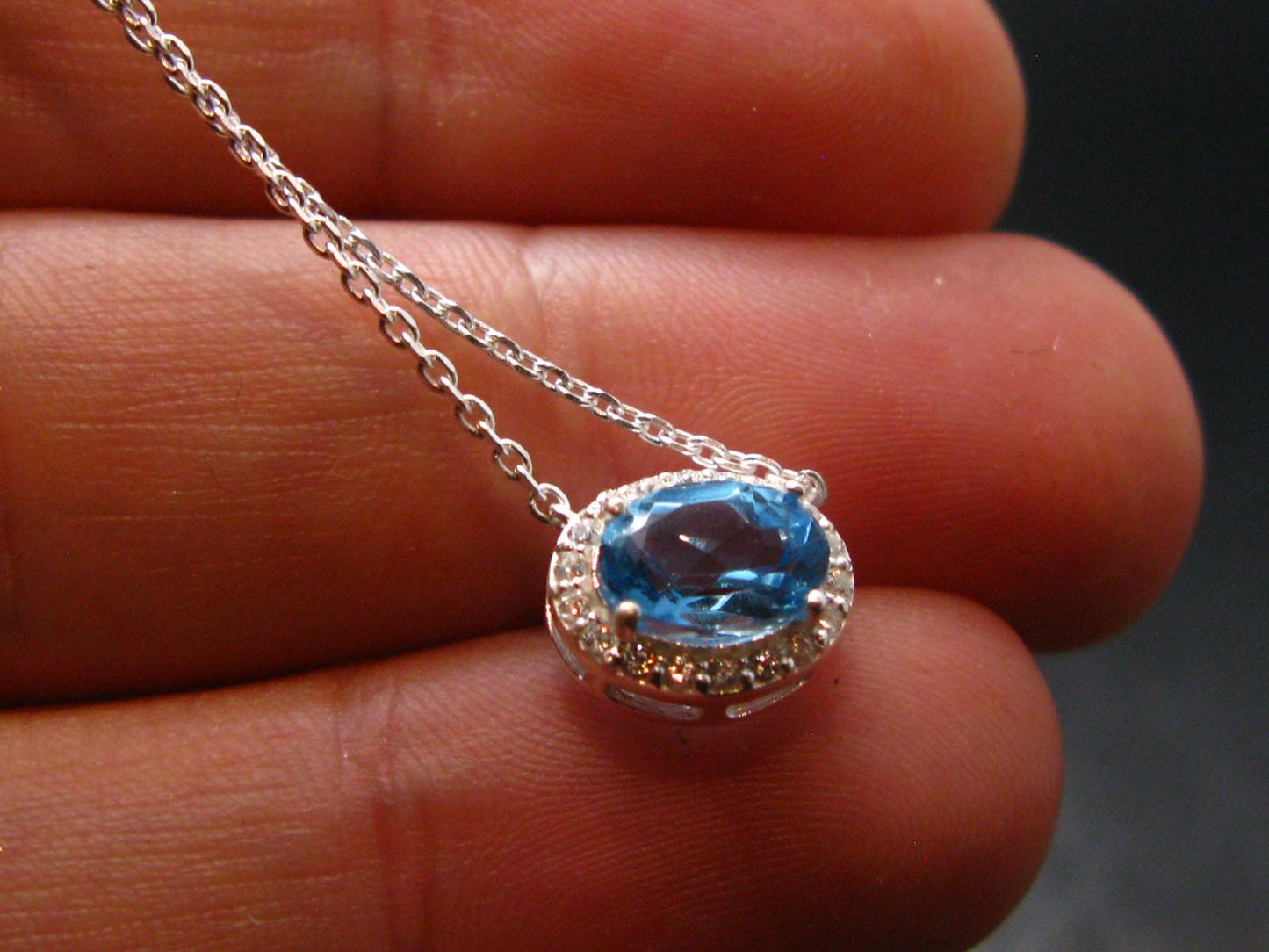 Elegant Genuine Solitaire Sky Blue Topaz Sterling Silver Pendant with CZ From Brazil With Chain - 17" - 2.12 Grams