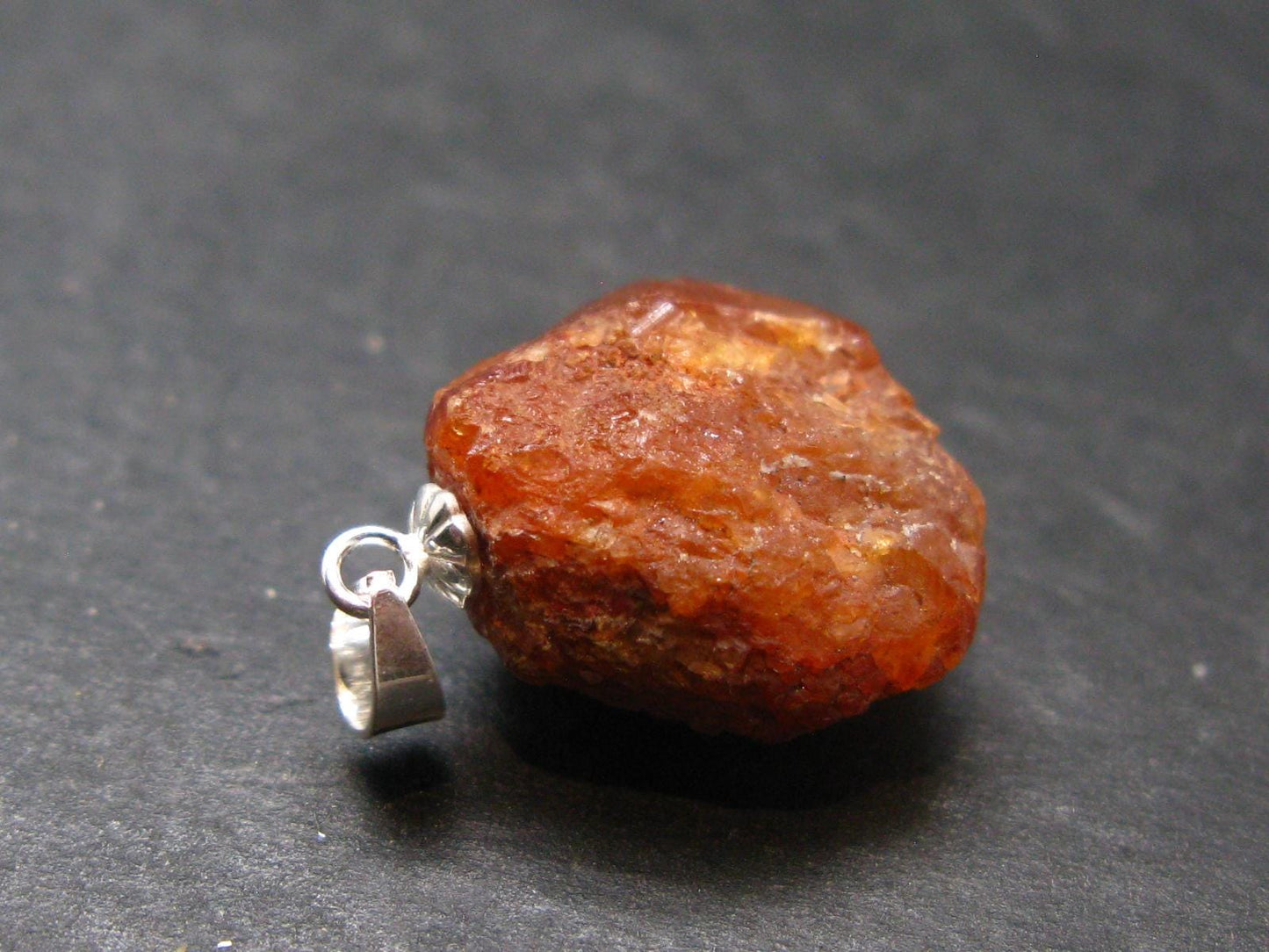 Gem Spessartine Spessartite Orange Garnet Pendant in SS From Tanzania - 0.8" - 5.36 Grams