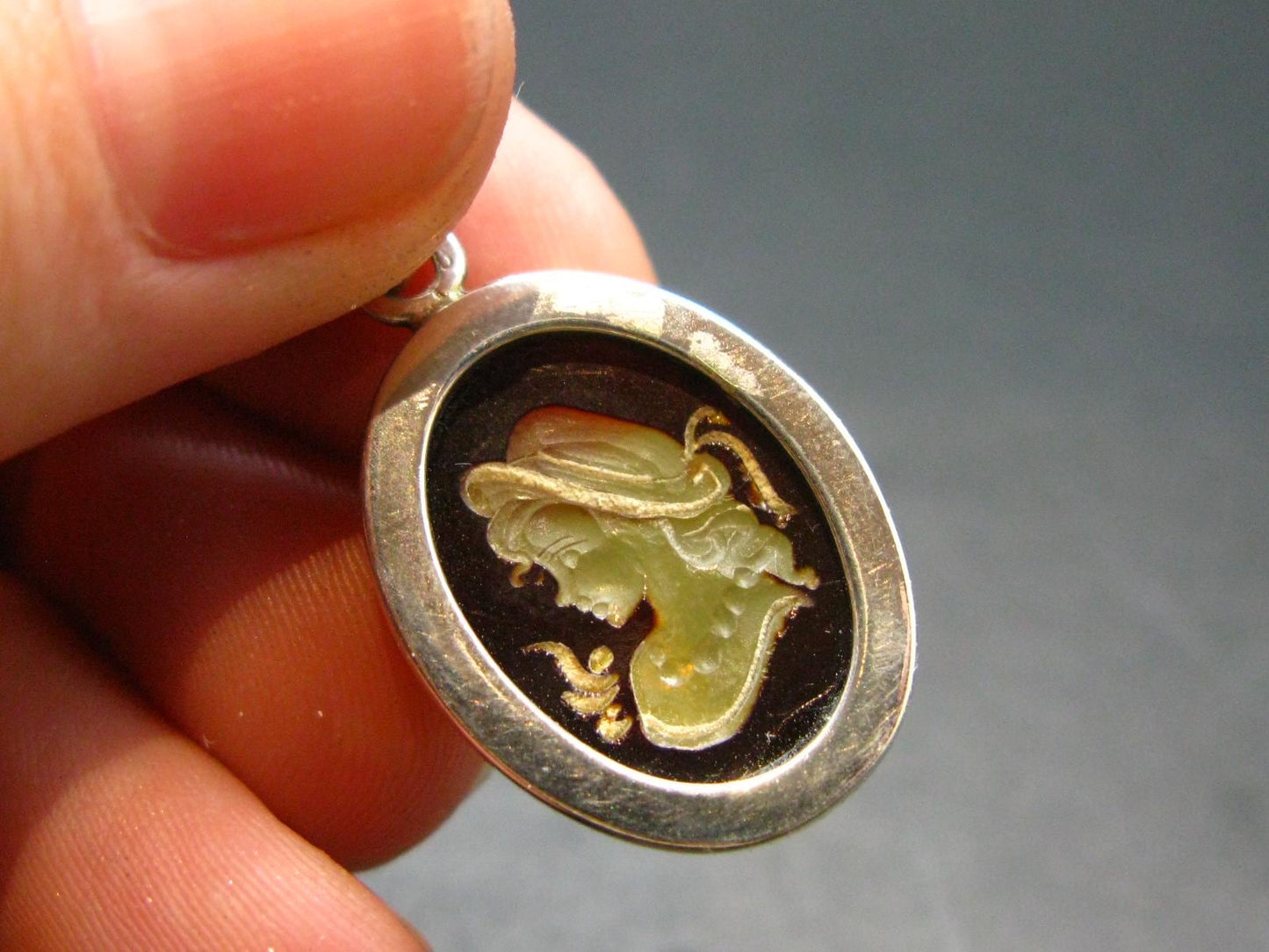 Hand Carved Baltic Amber 925 Silver Cameo Woman Lady Flower Pendant - 1.3"
