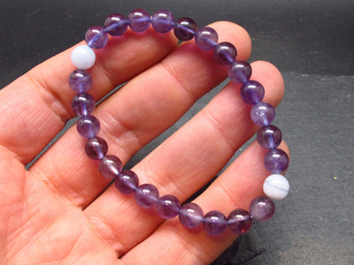 Blue Lace Agate & Amethyst Genuine Bracelet ~ 6.5 Inches ~ 7mm Round Beads