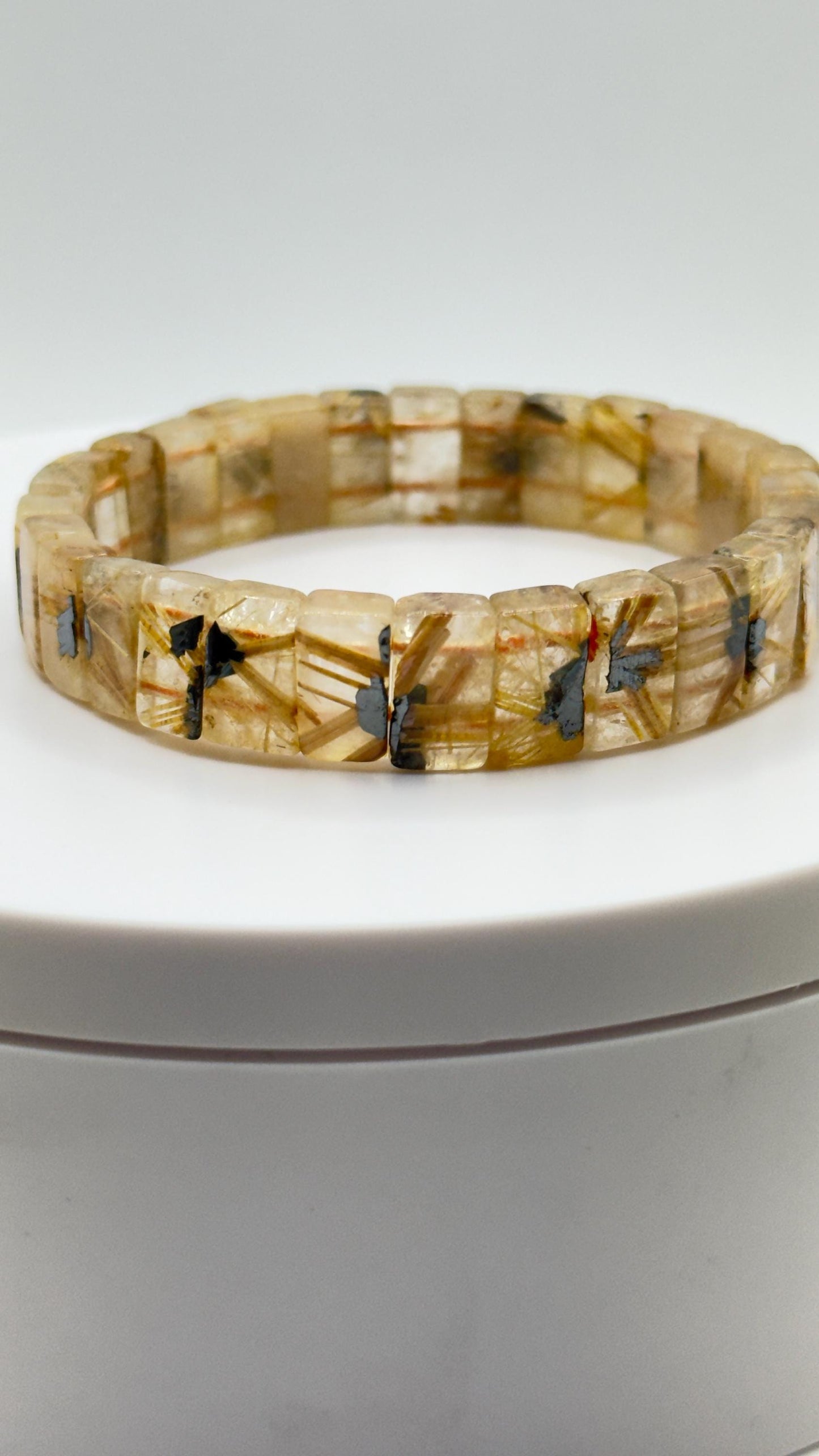 Rutilated Quartz Tile Bracelet – Natural Golden Inclusion Stretch Jewelry