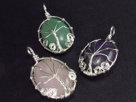 Set of 3 Natural Gem Green Aventurine Rose Quartz Amethyst Pendant Tree of Life