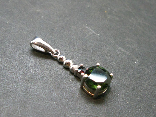 Moldavite Tektite & Red Garnet Silver Pendant from Czech Republic - 1.0"