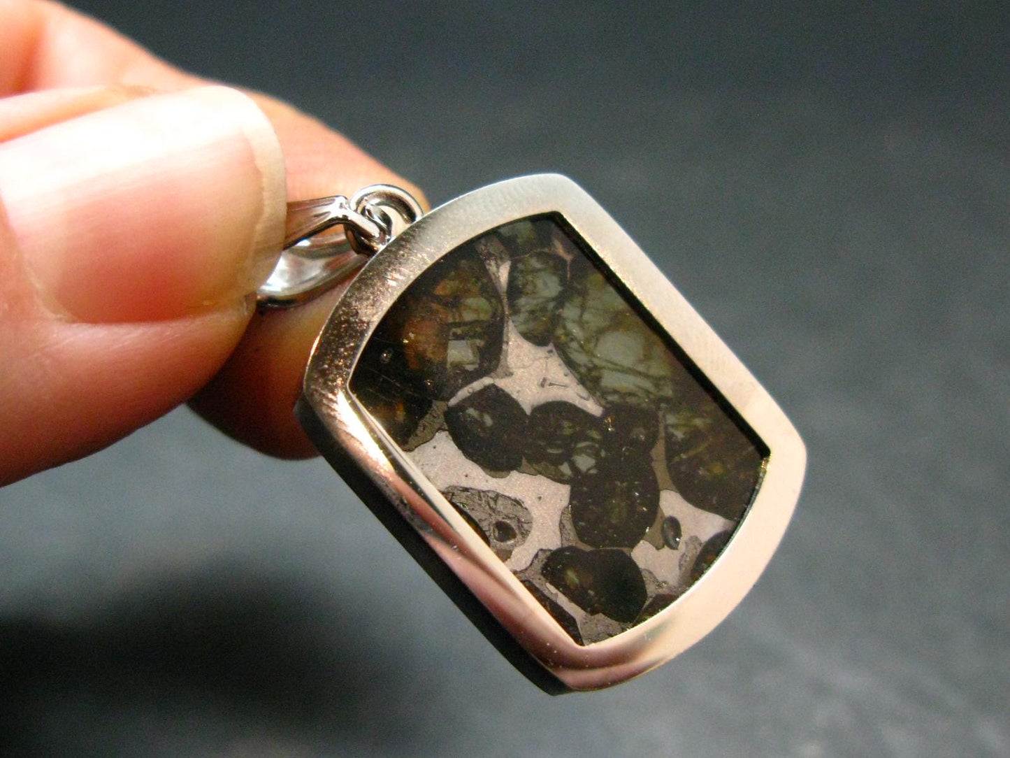 Rare Brahin Meteorite Slice With Olivine Pallasite Silver Pendant from Belarus - 1.2" - 4.36 Grams