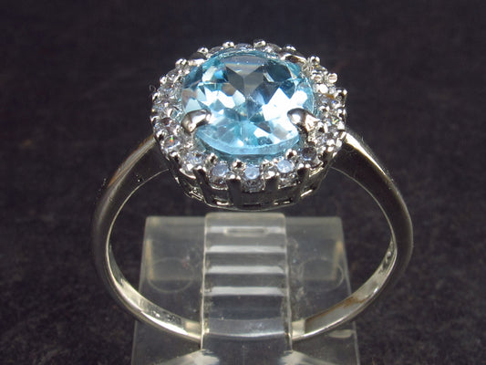 Natural Oval Shaped Blue Topaz Crystal Sterling Silver Ring with CZ - Size 7.75 - 2.71 Grams