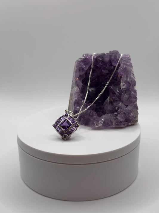Art Deco Amethyst Pendant – Geometric Elegance in Sterling Silver - 4.61 Grams