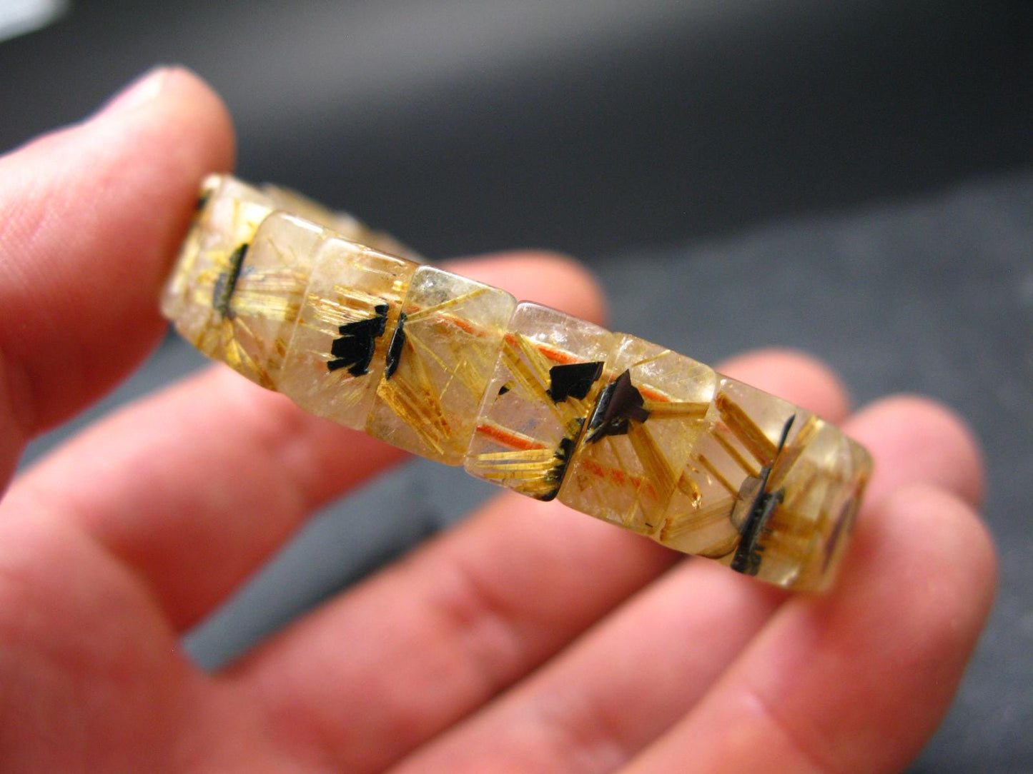Rutilated Quartz (Rutile & Hematite) Genuine Bracelet ~ 7 Inches ~ 11mm Oval Beads