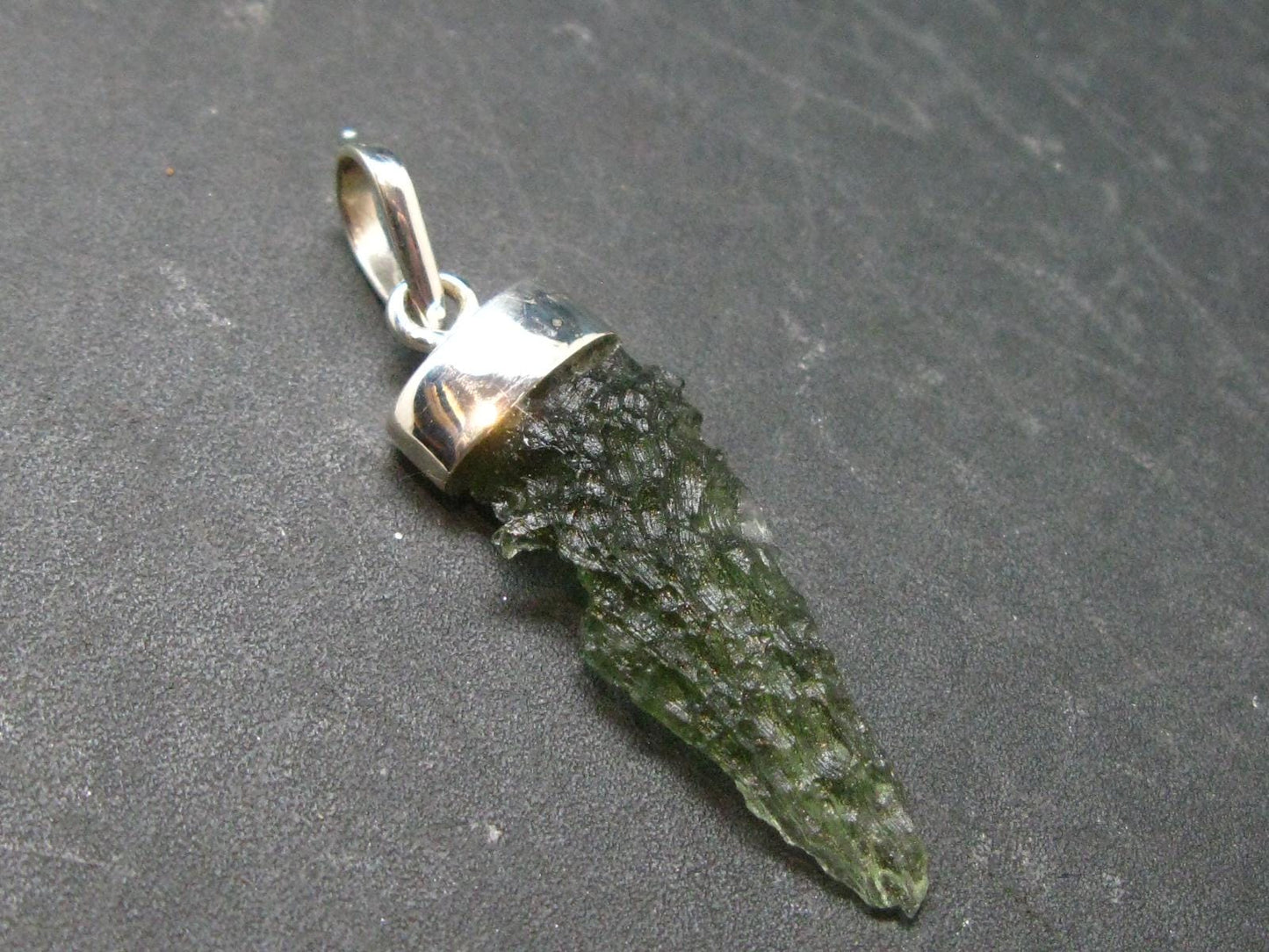 Moldavite Tektite Silver Pendant from Czech Republic - 1.7" - 2.5 Grams