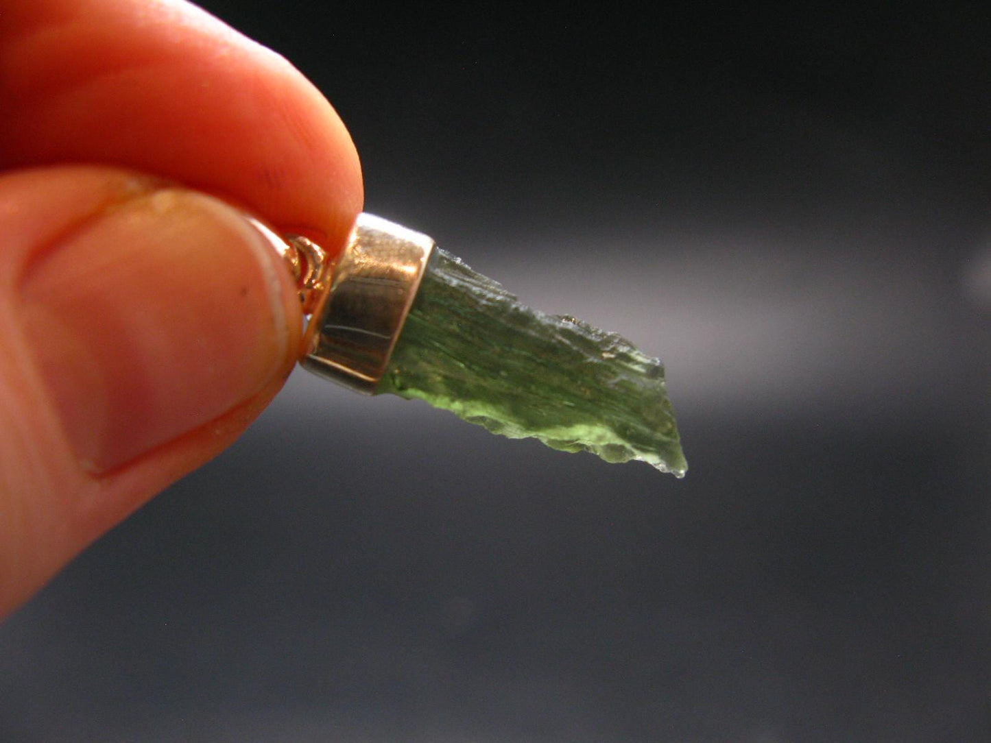 Gem Moldavite Tektite SS Pendant From Czech Republic - 1.2" - 1.8 Grams