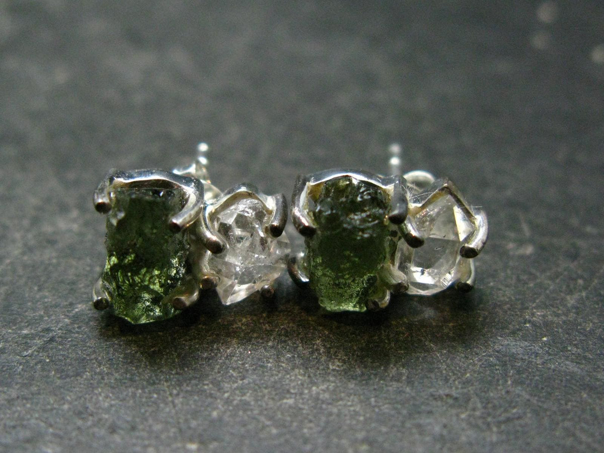 Moldavite & Herkimer Diamond Silver Stud Earrings - 0.7" - 2.61 Grams