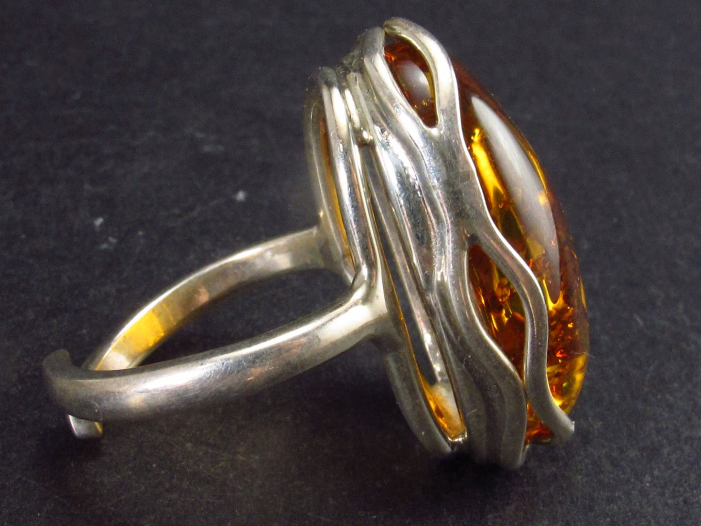 Natural Cognac Color Baltic Amber 925 Silver Ring - Size Adjustable