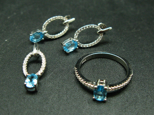 Natural Faceted Sky Blue Topaz 925 Sterling Silver Set Ring Earring Necklace with CZ