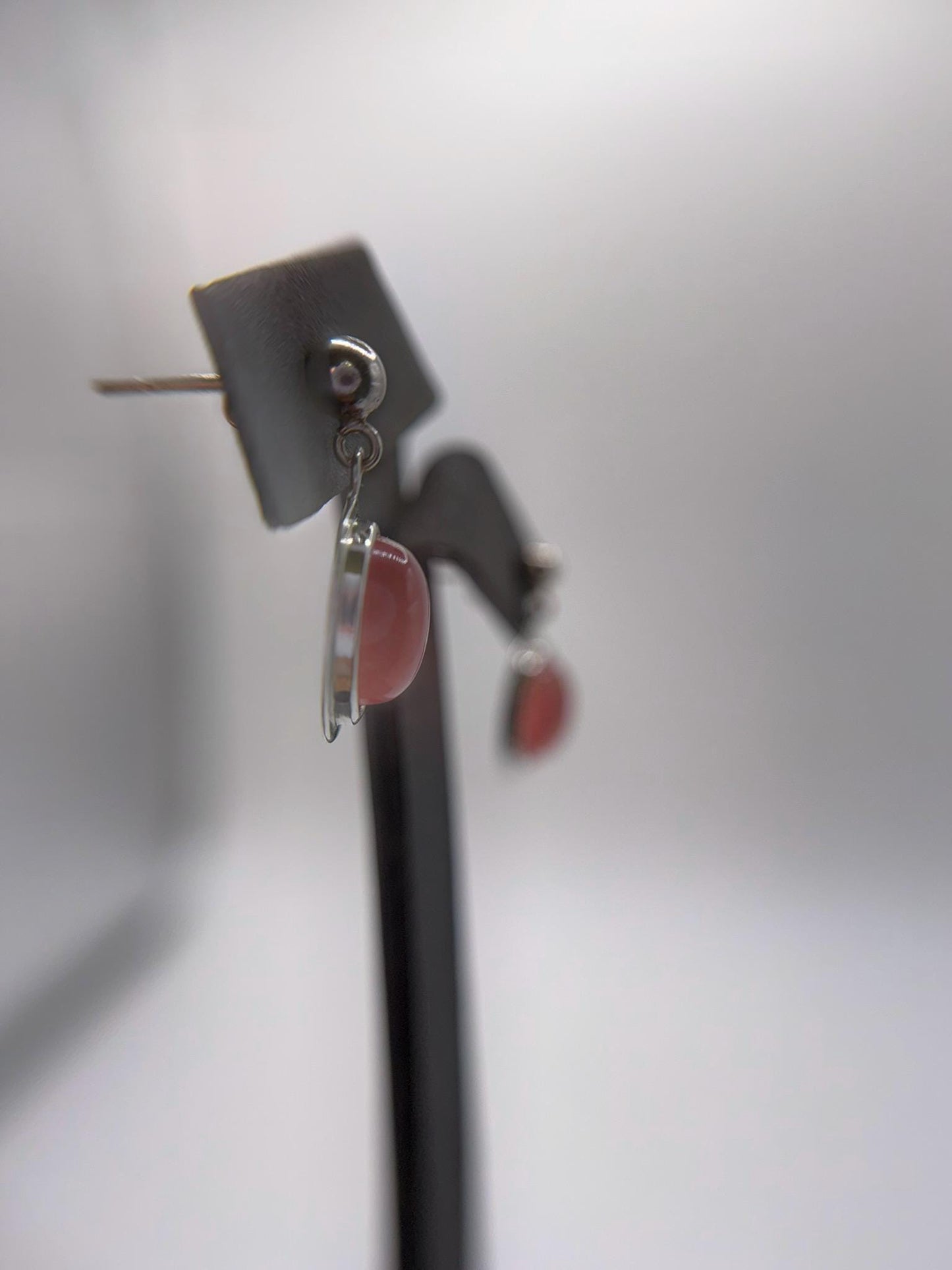 Natural Rhodochrosite Oval Drop Earrings in Sterling Silver | Pink Crystal Earrings