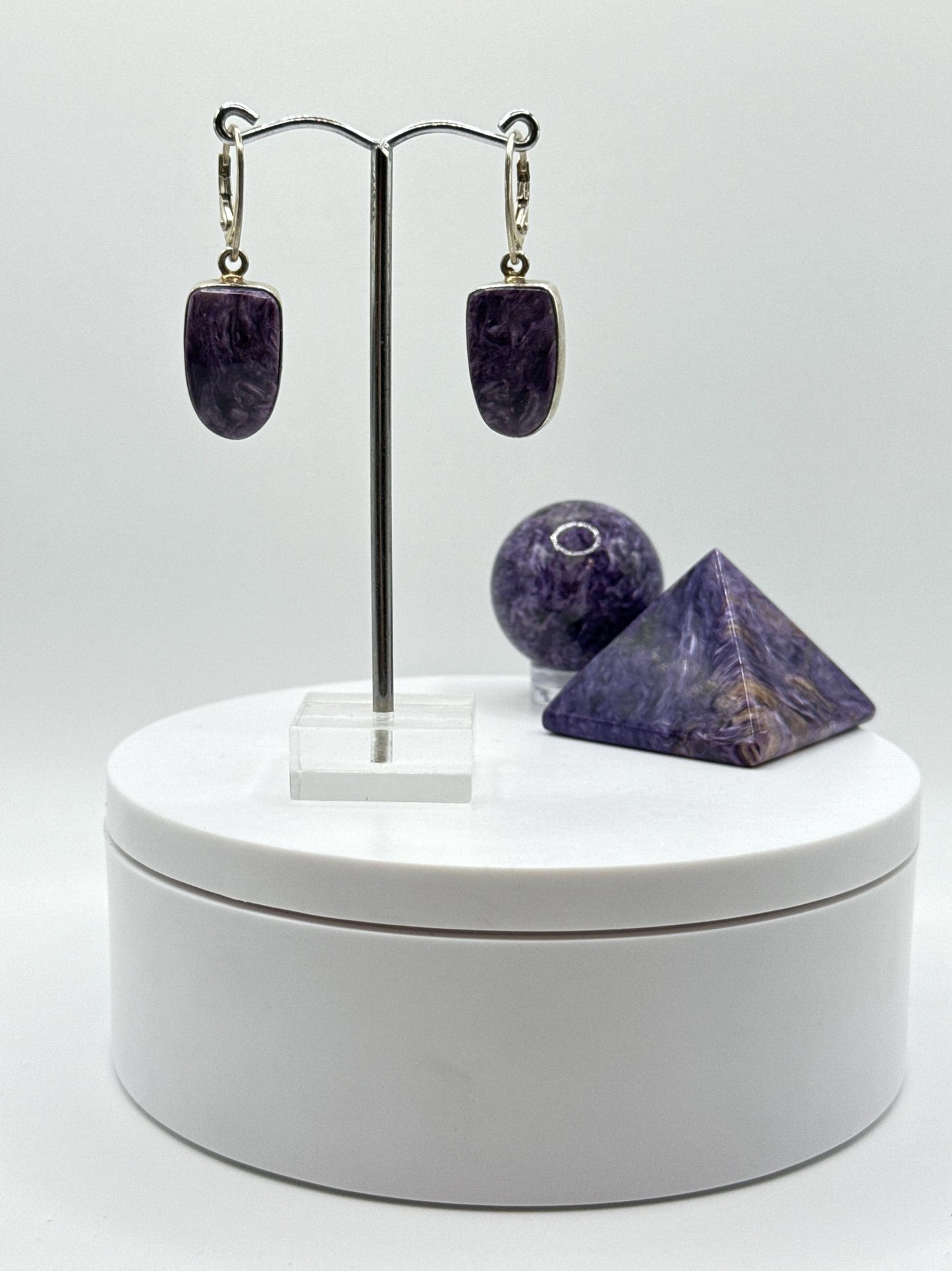 Charoite & Sterling Silver Oval Drop Earrings - 9.68 Grams