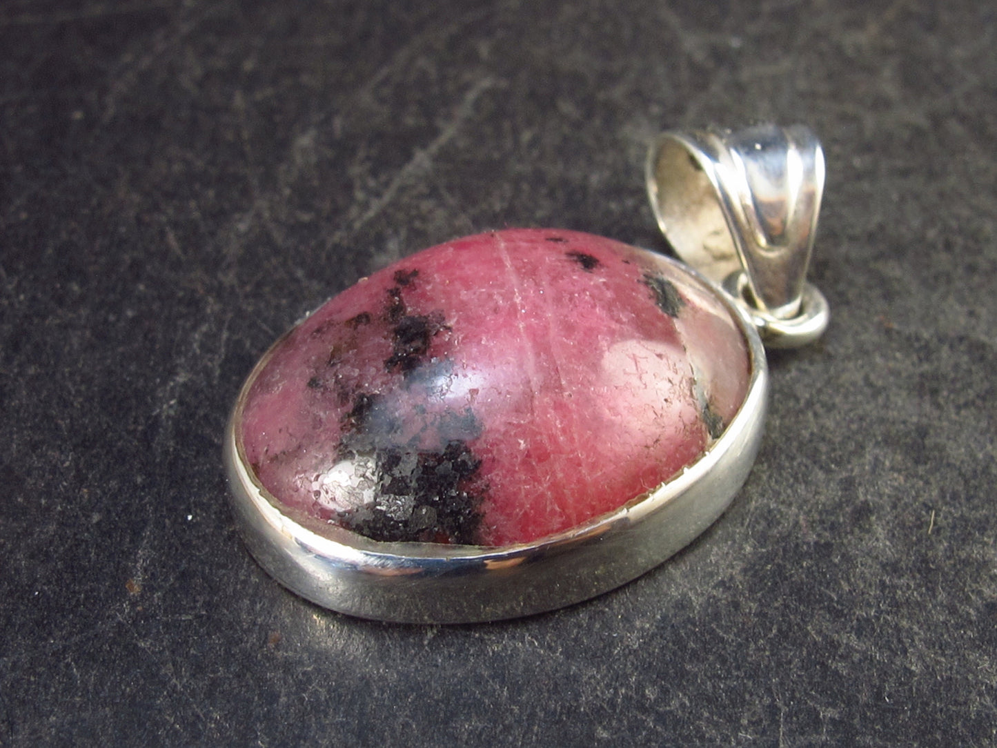 Rare Rhodonite Cabochon Silver Pendant From Brazil - 1.2" - 5.2 Grams