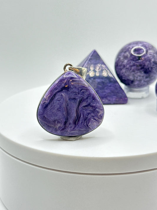 Charoite Sterling Silver Pendant – Teardrop Shape - 11.41 Grams
