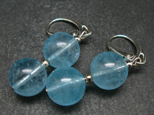 Minimalist and Chic Design - 12mm Natural Sky Blue Round Beads Dangle 925 Silver Leverback Earrings from Brazil