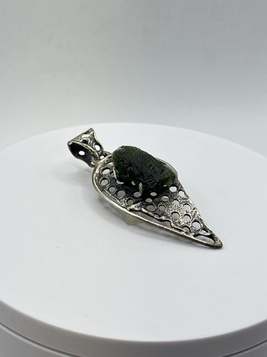 Natural Moldavite Pendant | Sterling Silver | Tektite from Czech Republic | Unique Green Crystal Jewelry - 9.75 Grams