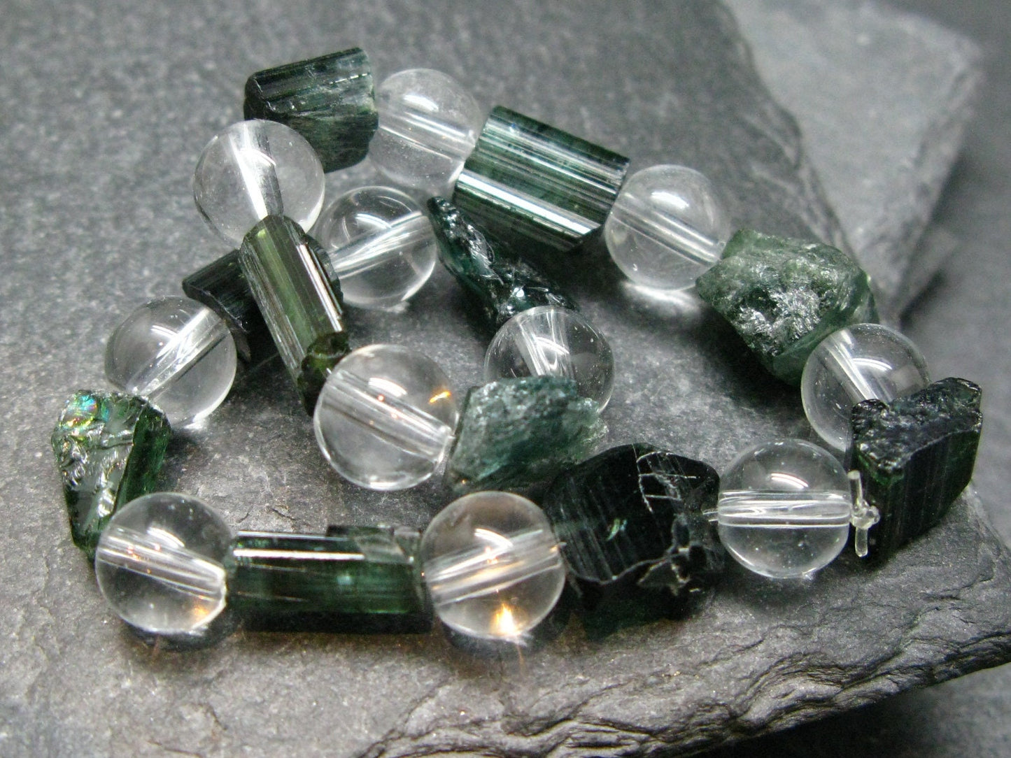 Green Tourmaline & Quartz Genuine Bracelet ~ 7 Inches ~ 10mm Crystal Beads