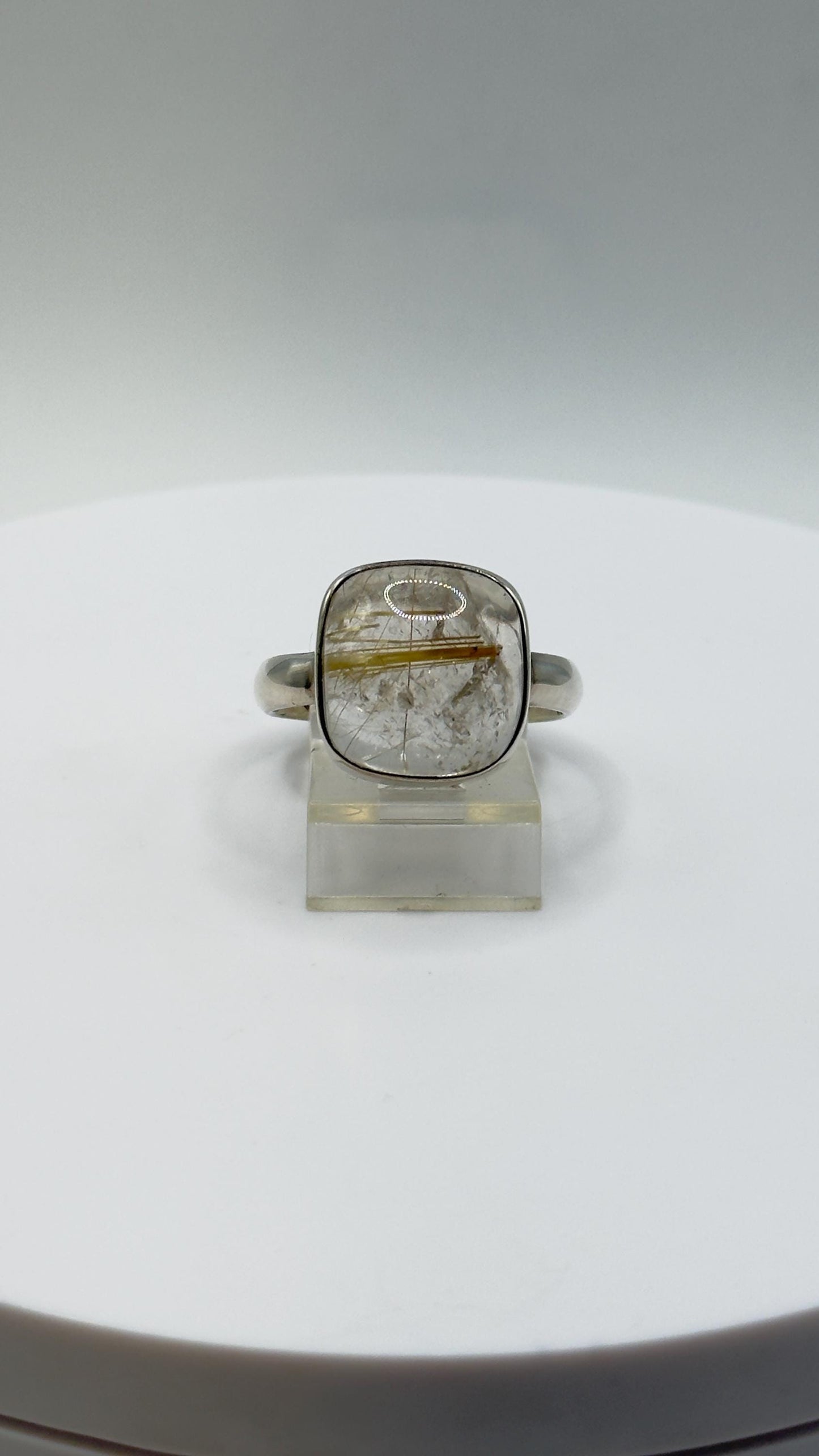 Golden Rutilated Quartz Ring – Cushion Cut Rutile Crystal Statement Ring - Size 11