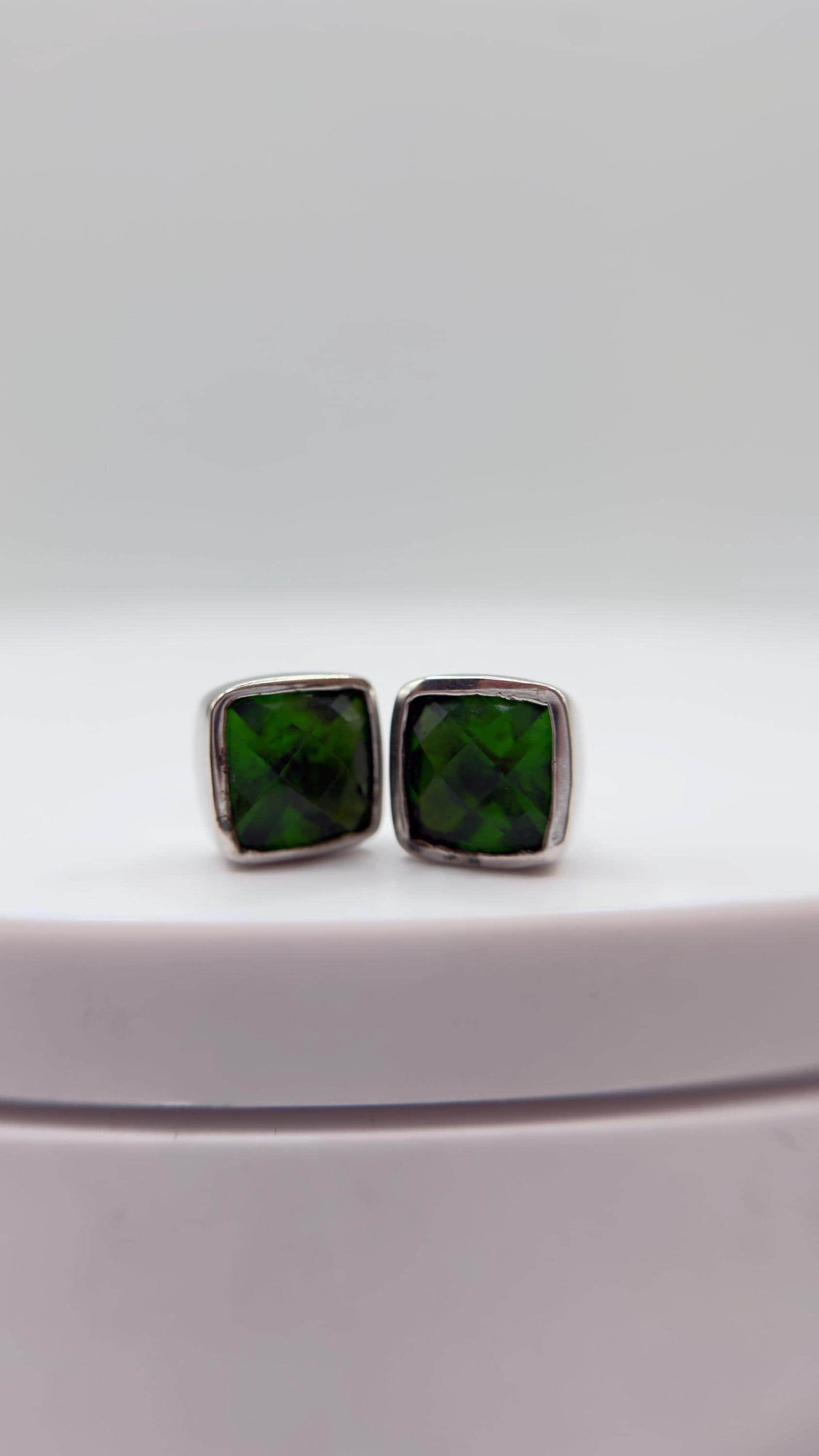 Green Helenite Stud Earrings – Square Cushion Cut Sterling Silver Studs