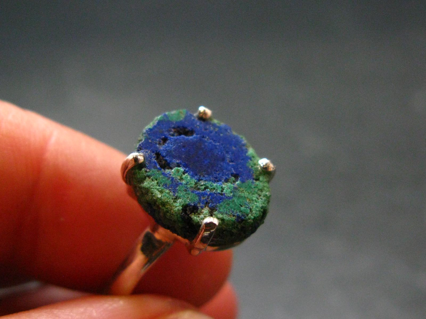 Natural Raw Deep Blue Azurite with Green Malachite Silver Ring From Mexico - Size 8 - 3.32 Grams