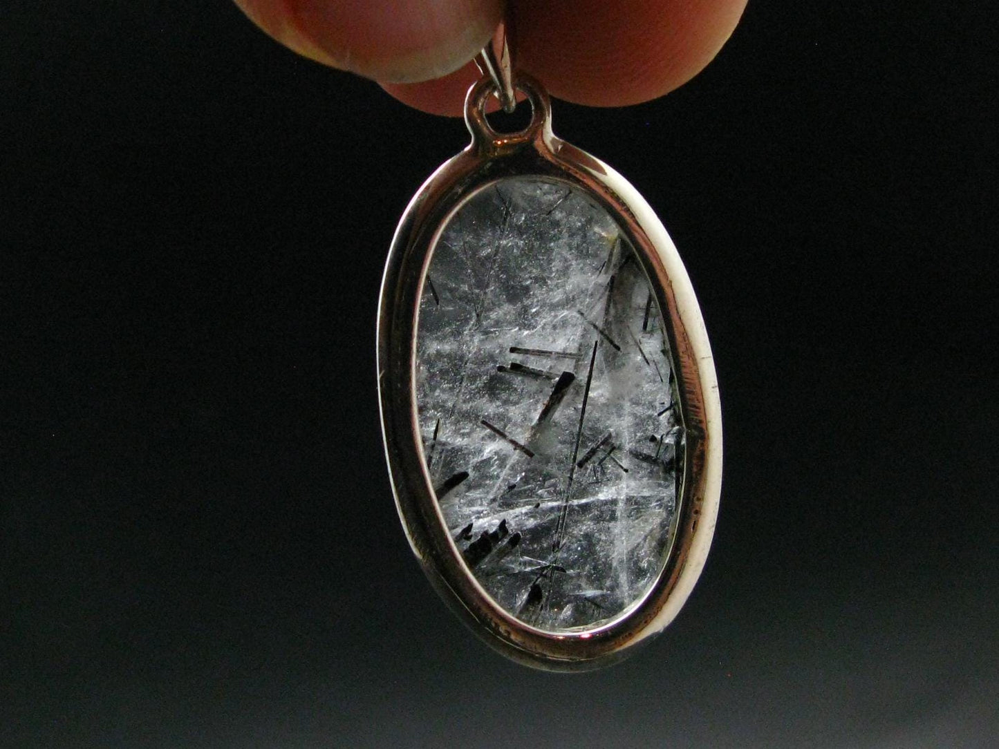 Large Tourmalinated Quartz Crystal Silver Pendant From Brazil - 1.6" - 7.33 Grams
