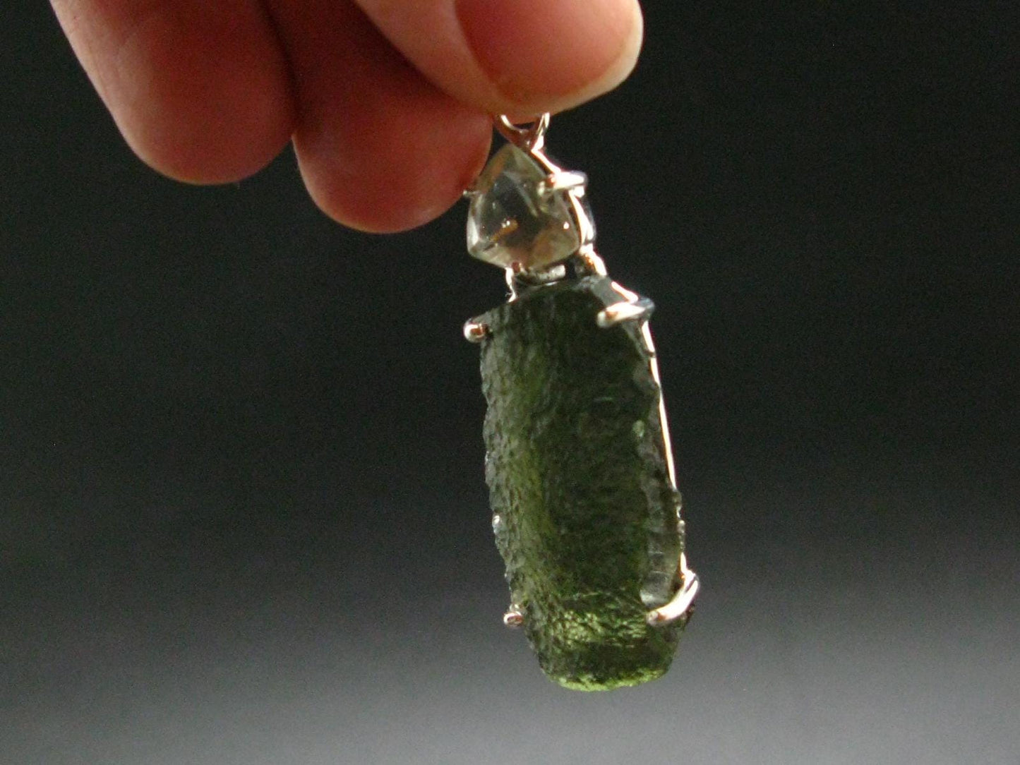 Raw Moldavite Tektite And Polished Libyan Tektite Silver Pendant - 2.0" - 6.67 Grams