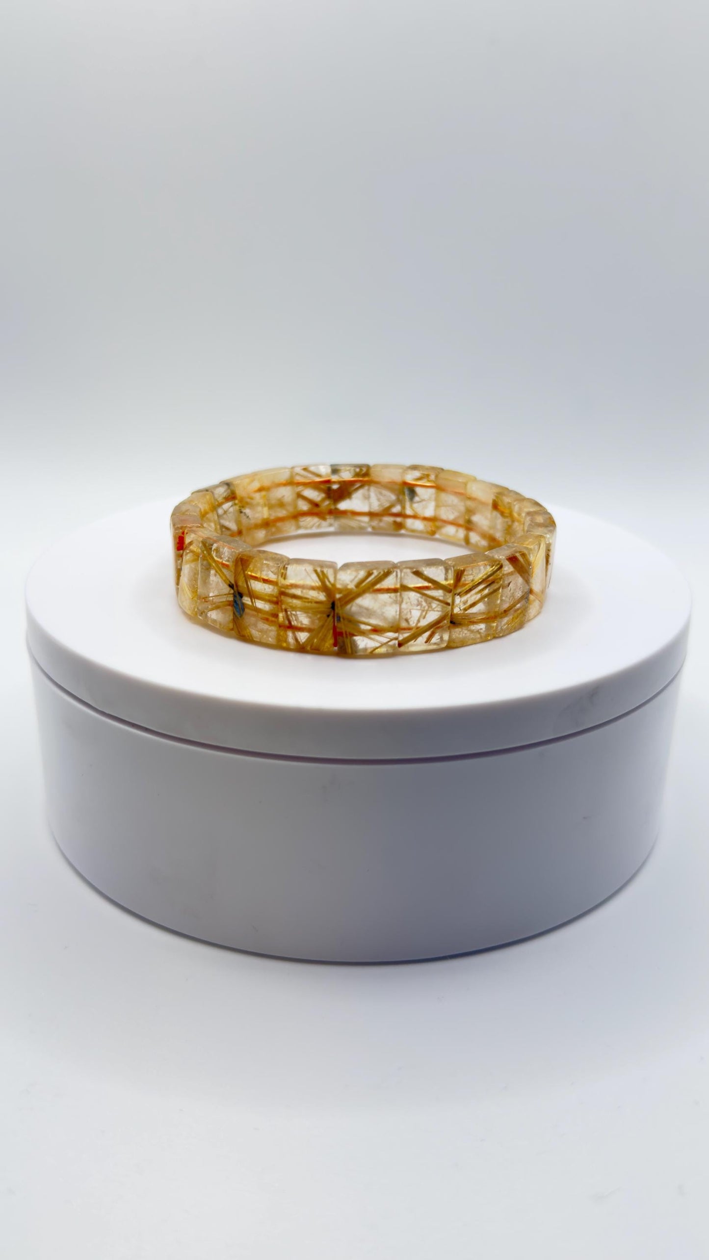 Golden Rutilated Quartz Tile Bracelet – Natural Gemstone Stretch Jewelry