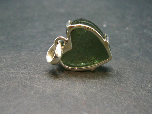 Gem Moldavite Tektite SS Pendant Heart From Czech Republic - 1.1" - 4.44 Grams