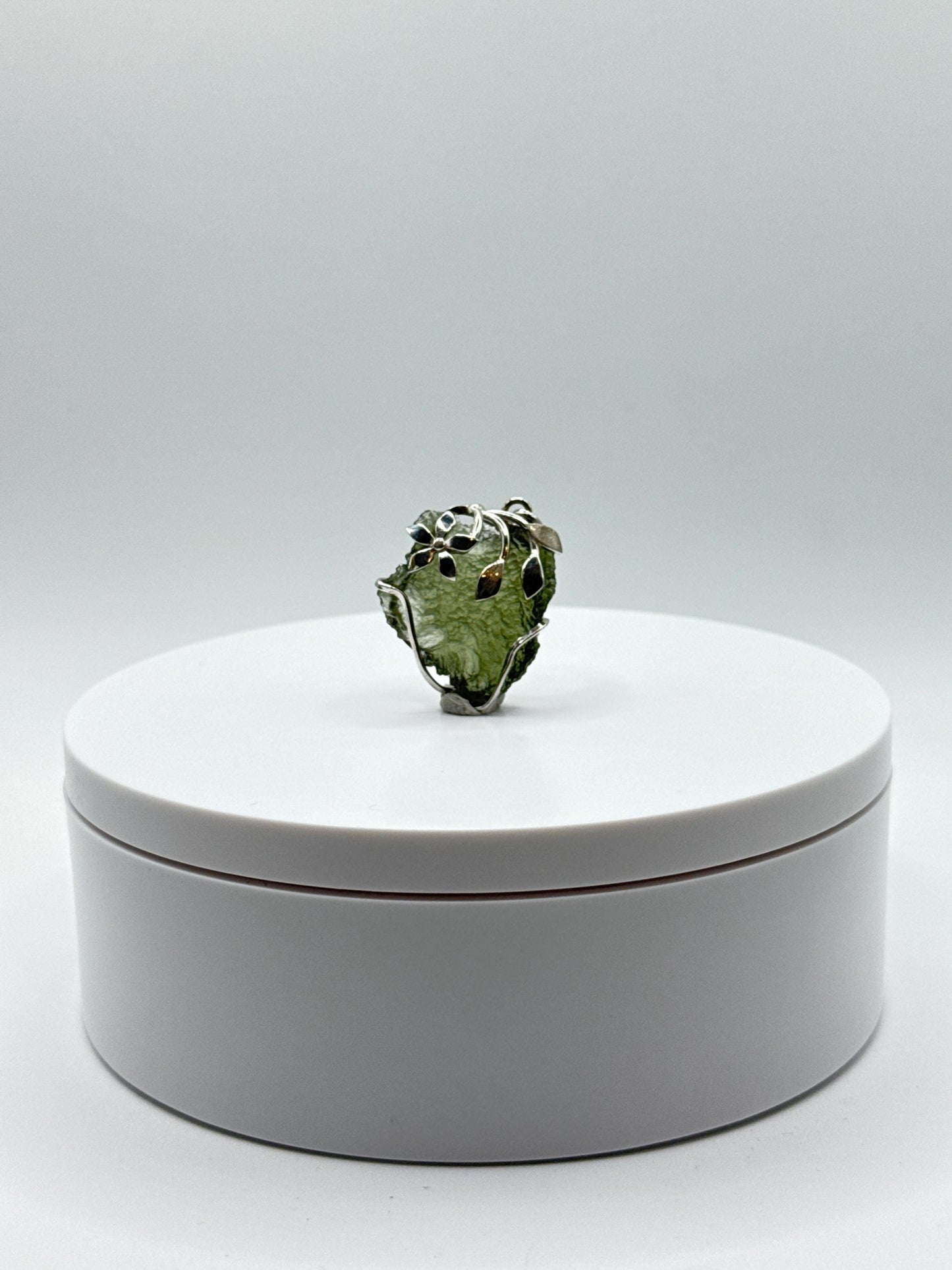 Moldavite Chunk Pendant with Silver Leaf & Flower Accents - Unique Natural Gemstone Pendant - 6.48 Grams