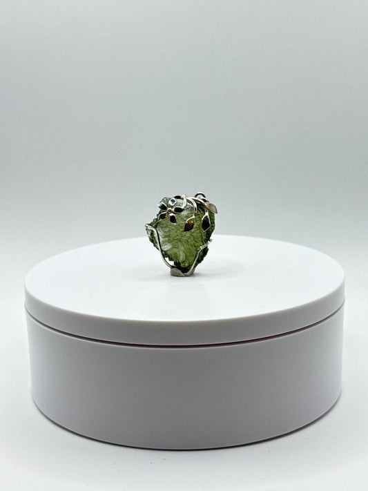 Moldavite Chunk Pendant with Silver Leaf & Flower Accents - Unique Natural Gemstone Pendant - 6.48 Grams