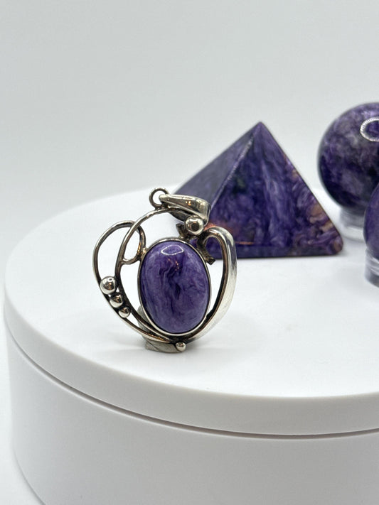 Charoite Sterling Silver Pendant – Oval Cabochon - 8.64 Grams