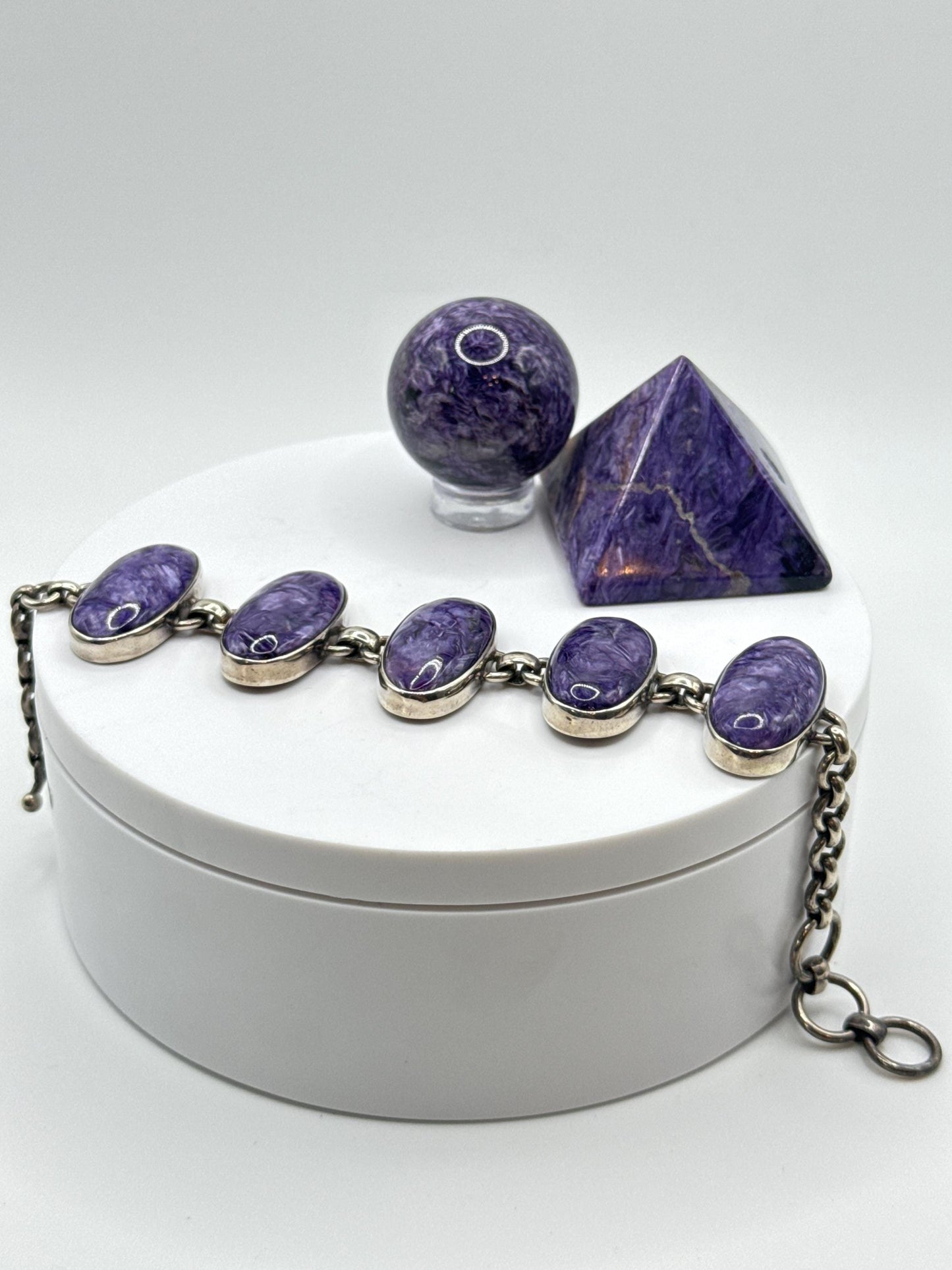 Charoite & Sterling Silver Oval Link Bracelet - 37.83 Grams