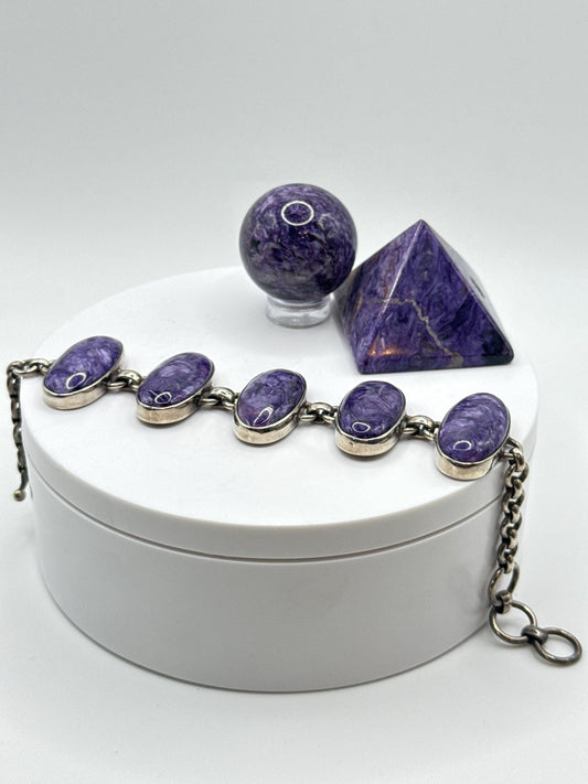 Charoite & Sterling Silver Oval Link Bracelet - 37.83 Grams