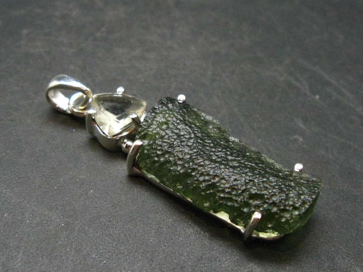 Raw Moldavite Tektite And Polished Libyan Tektite Silver Pendant - 2.0" - 6.67 Grams