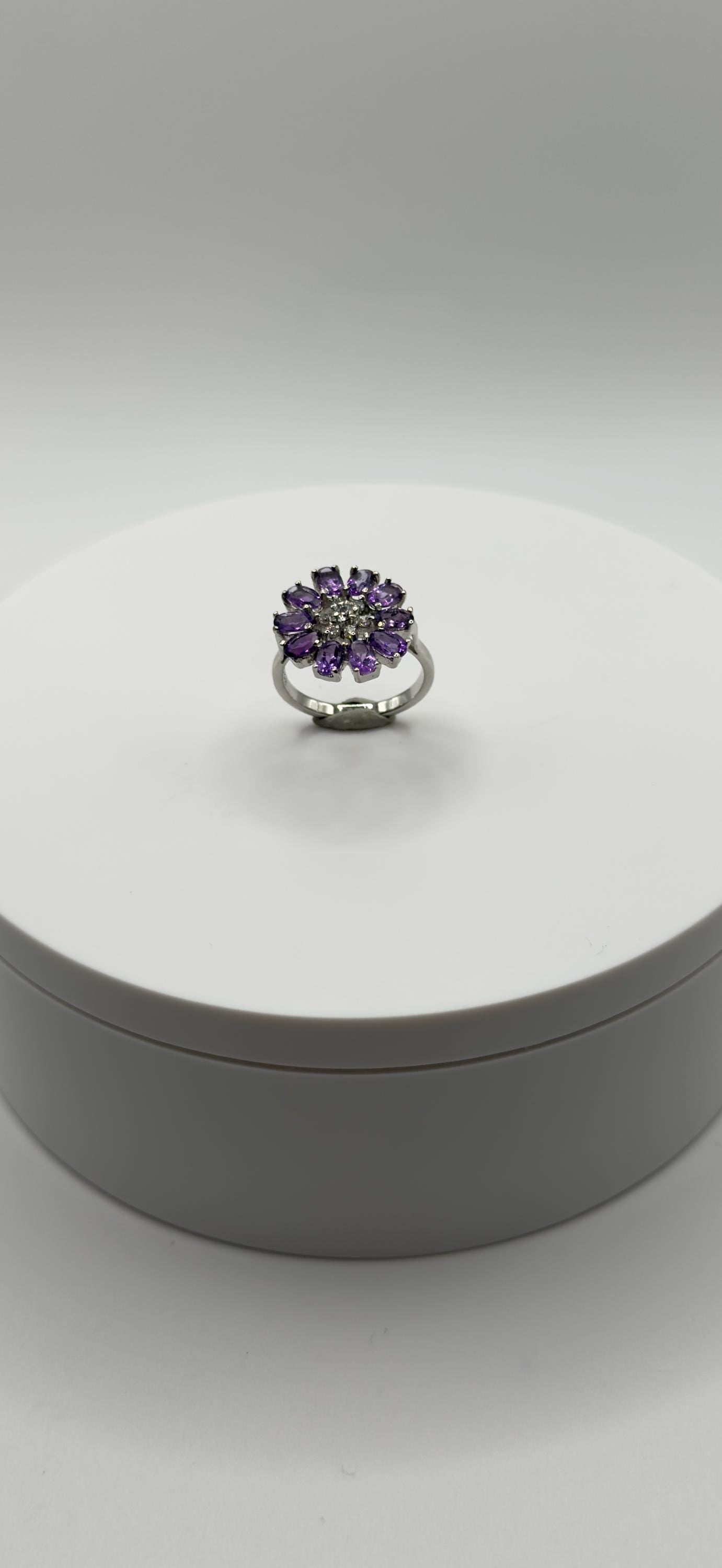 Amethyst Flower Ring – Silver Statement Ring – Elegant Botanical Jewelry - Size 7.5