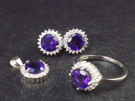 Amethyst Faceted Sterling Silver Earring Ring Pendant Set - 6.3 Grams