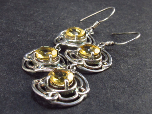 Stone of Success!! Handcrafted Faceted Golden Yellow Citrine 925 Sterling Silver Drop Earrings - 1.8"