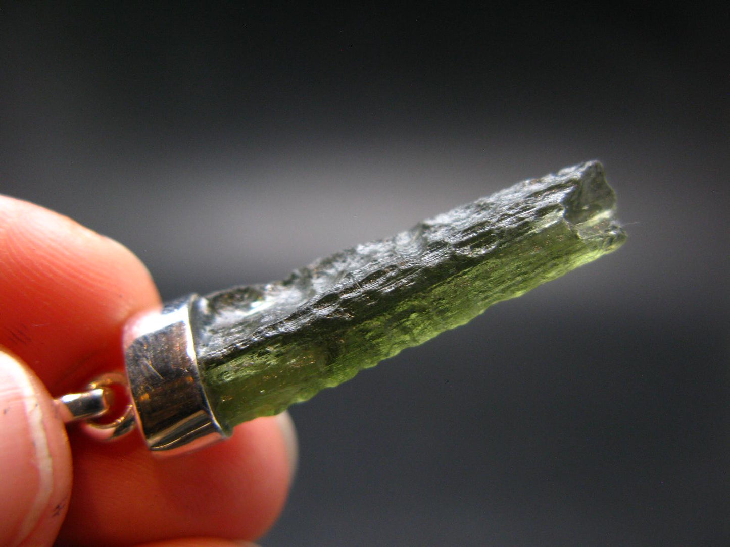 Gem Moldavite Tektite SS Pendant From Czech Republic - 1.5" - 2.5 Grams