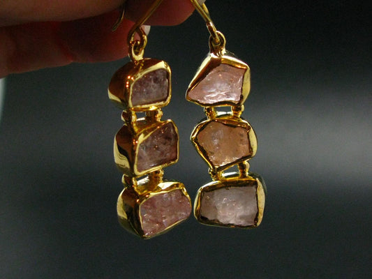 Morganite Pink Beryl Crystal Gold Plated Silver Earrings From Brazil - 12.63 Grams