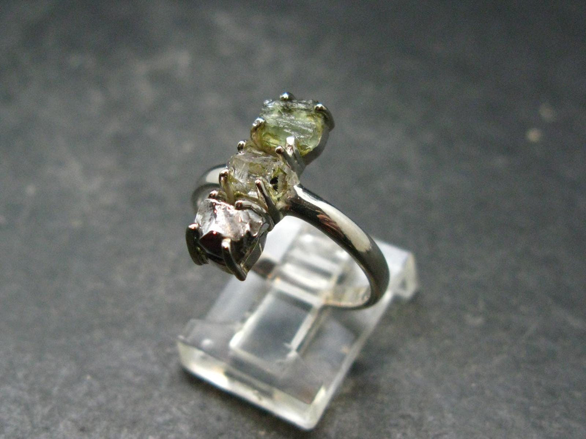 Moldavite Herkimer Meteorite Sterling Silver Ring From Czech Republic - Size 8 - 3.11 Grams