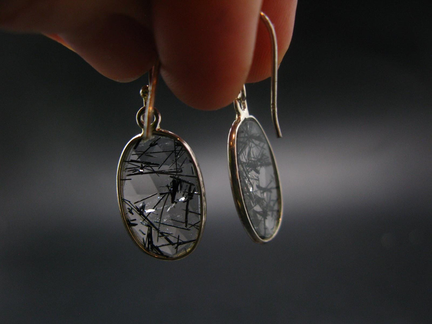 Large Tourmalinated Quartz Crystal Silver Earrings From Brazil - 1.3" - 3.14 Grams