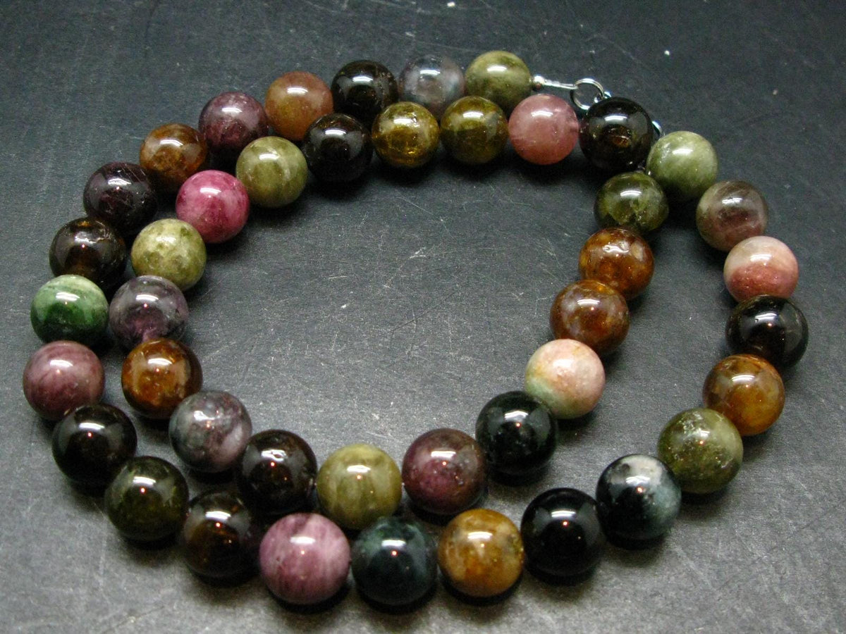 Watermelon Tourmaline Crystal Silver Necklace from Brazil - 21" - 114 Grams - 12mm Round Beads