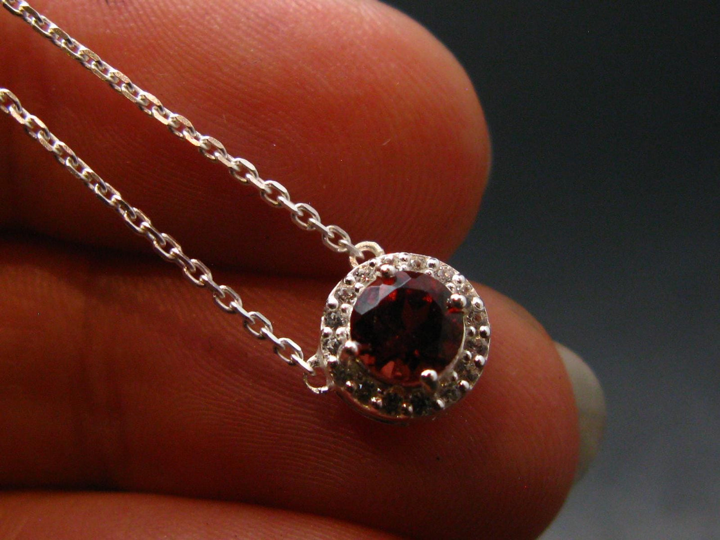 Red Garnet Almandine Gem Silver Pendant with Chain From India - 18" - 1.90 Grams